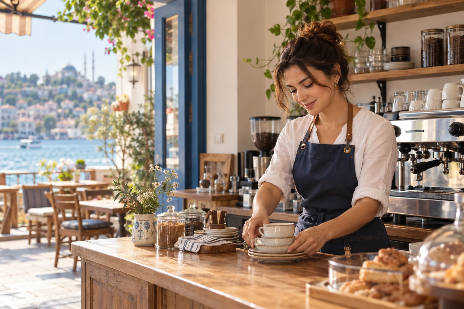 Kendi kafesinde açılış hazırlığı yapan işletme sahibi