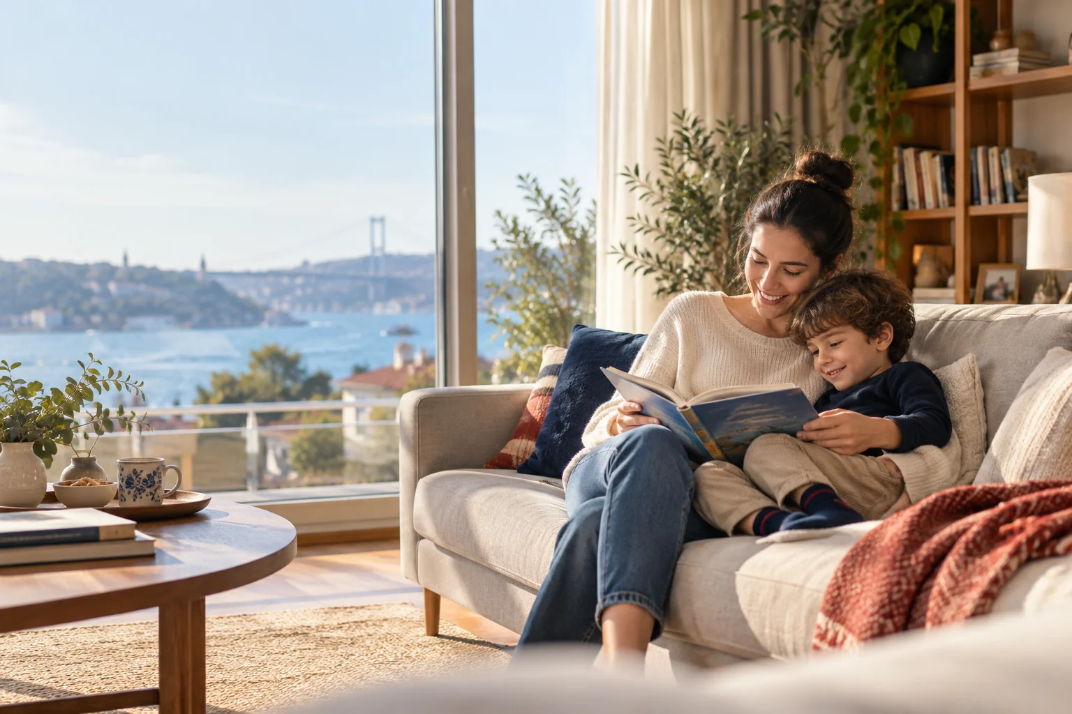Güneş alan bir oturma odasında çocuğuyla kitap okuyan anne
