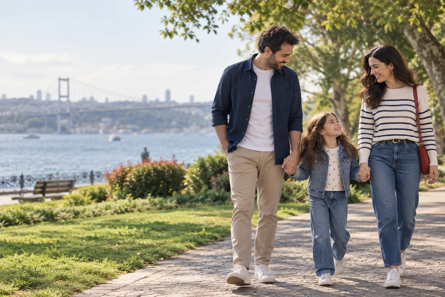 Yeşil bir parkta birlikte yürüyen anne, baba ve çocuk